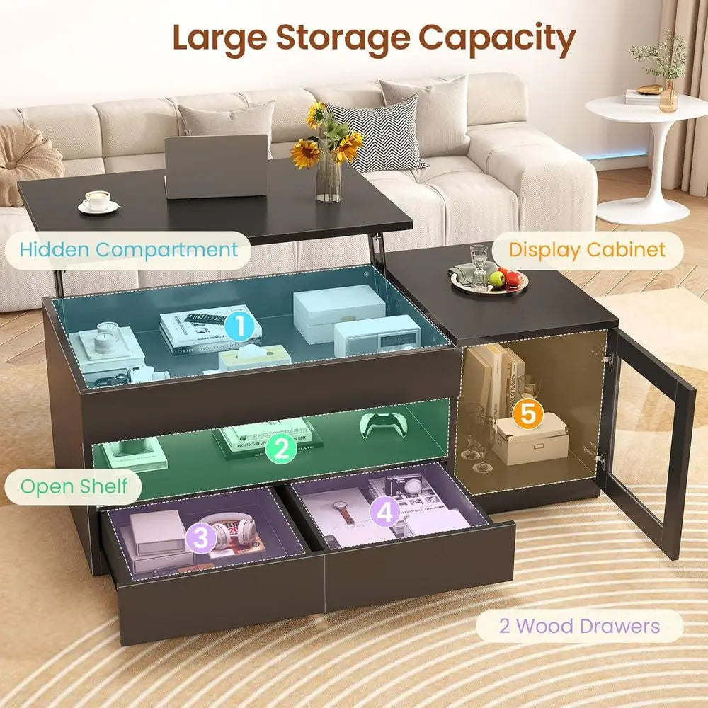 39.4 Large Tempered Glass Top Coffee Table with 2 Drawers, LED-Illuminated, Black