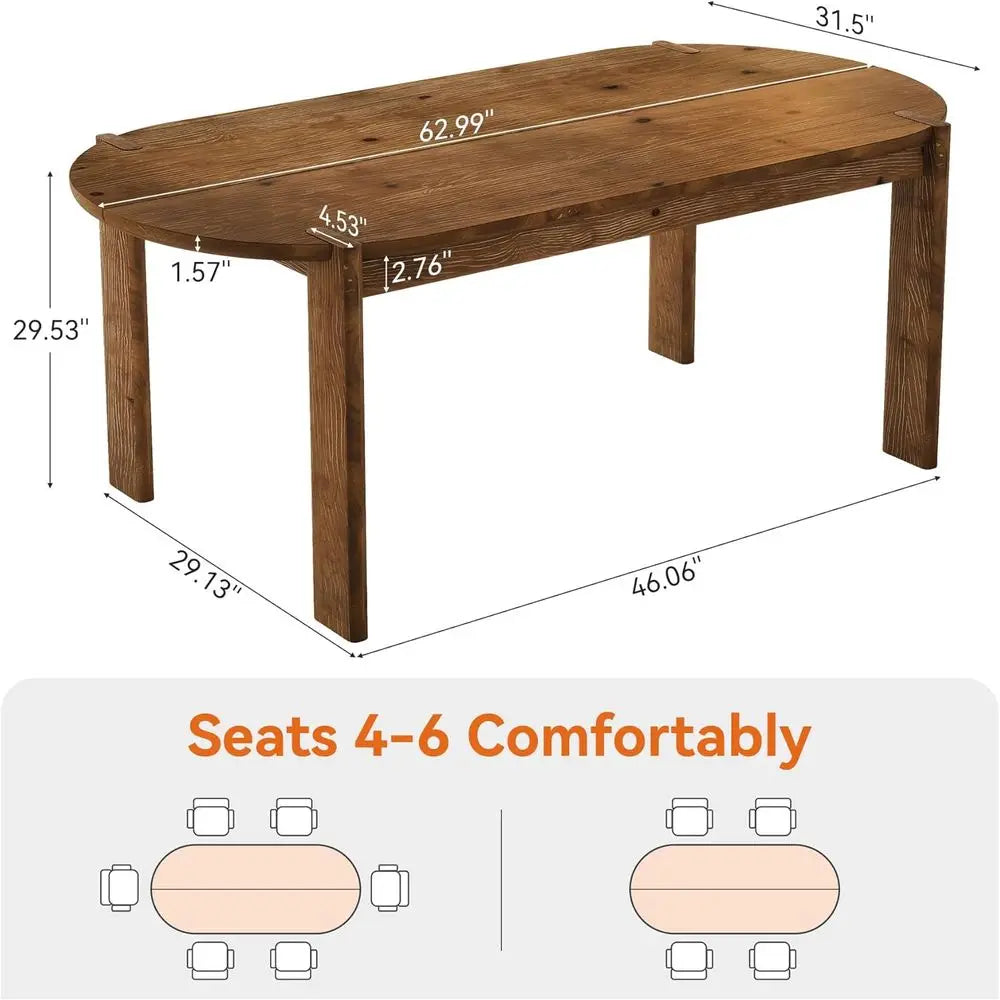 Elegant 63 Rustic Solid Wood Oval Dining Table for 4-6,