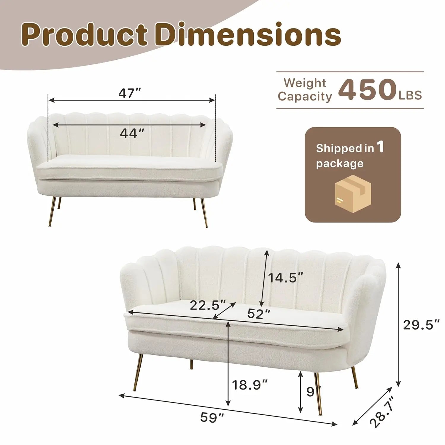2-Seater Sofa, 59" Loveseat Settee with Gold Metal Legs