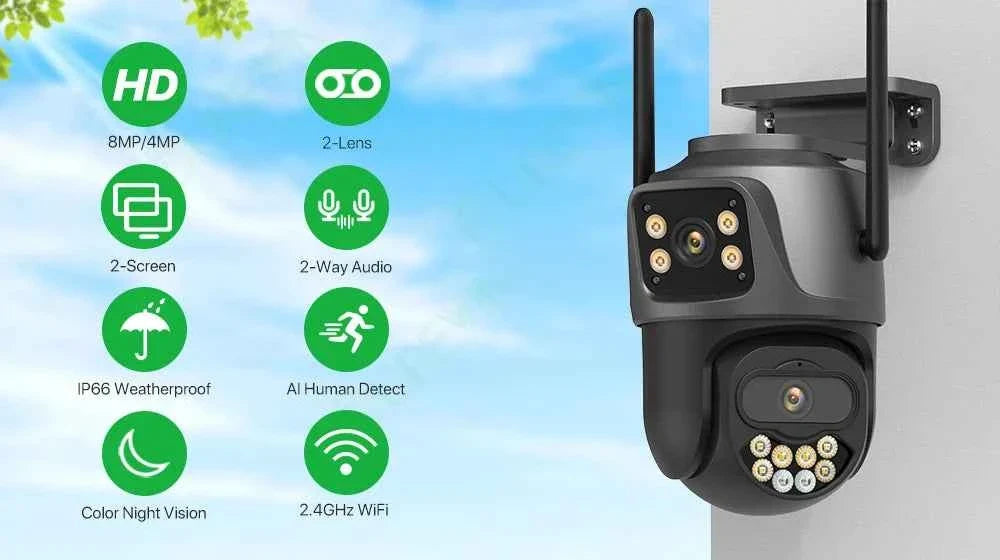 External Wifi PTZ Camera Dual Lens 4K 8MP HD Outdoor IP Camera 4MP Auto Tracking