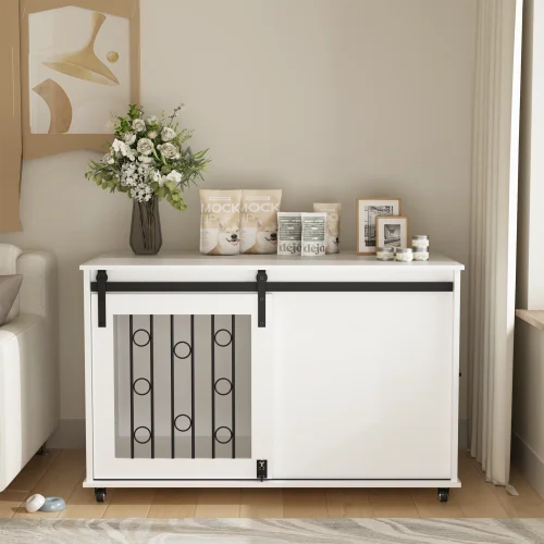 39.37'' White Indoor Dog Crate End Table - Wooden Kennel with Sliding Barn Door, Side Door & Lockable Wheels for Small/Medium Do