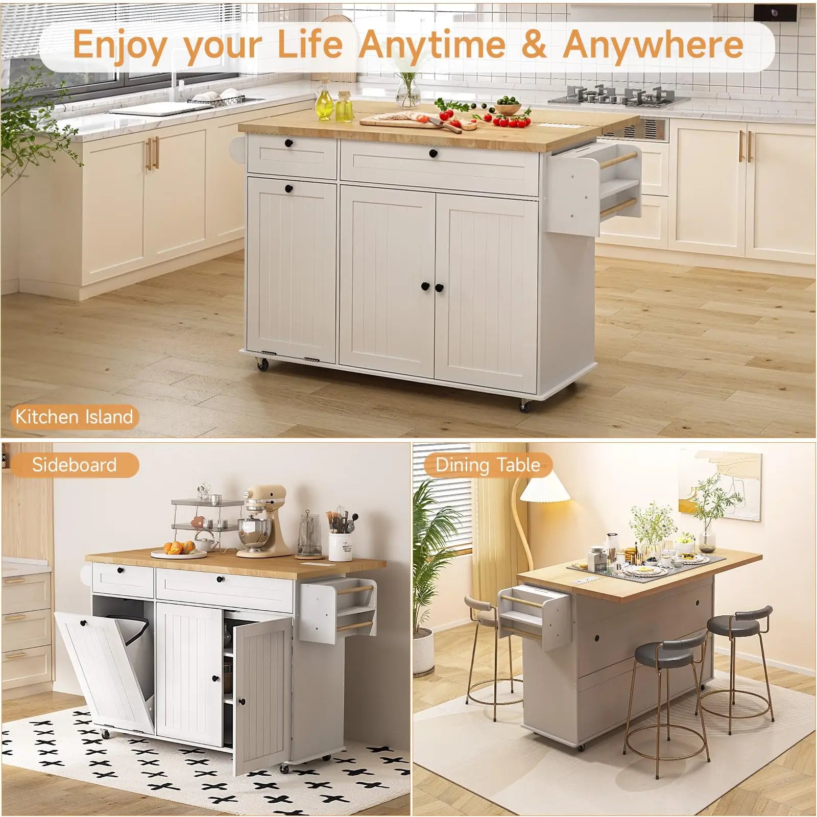 60" Mobile Kitchen Islands Rolling Trolleys Kitchen Island