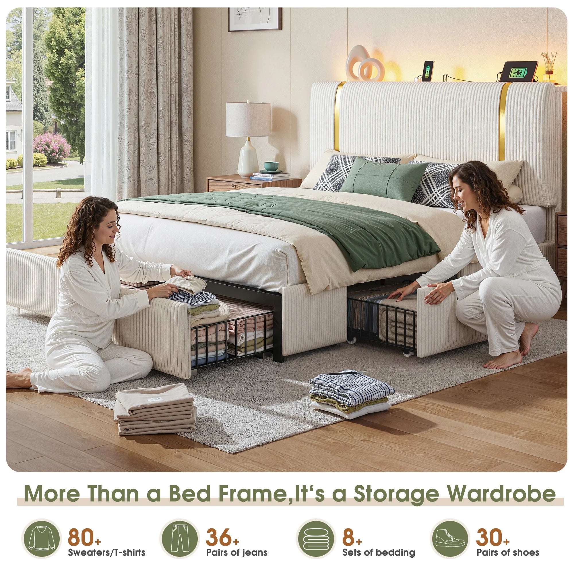 Bed Frame with 6 Storage Drawers, Soft Upholstered with LED Light
