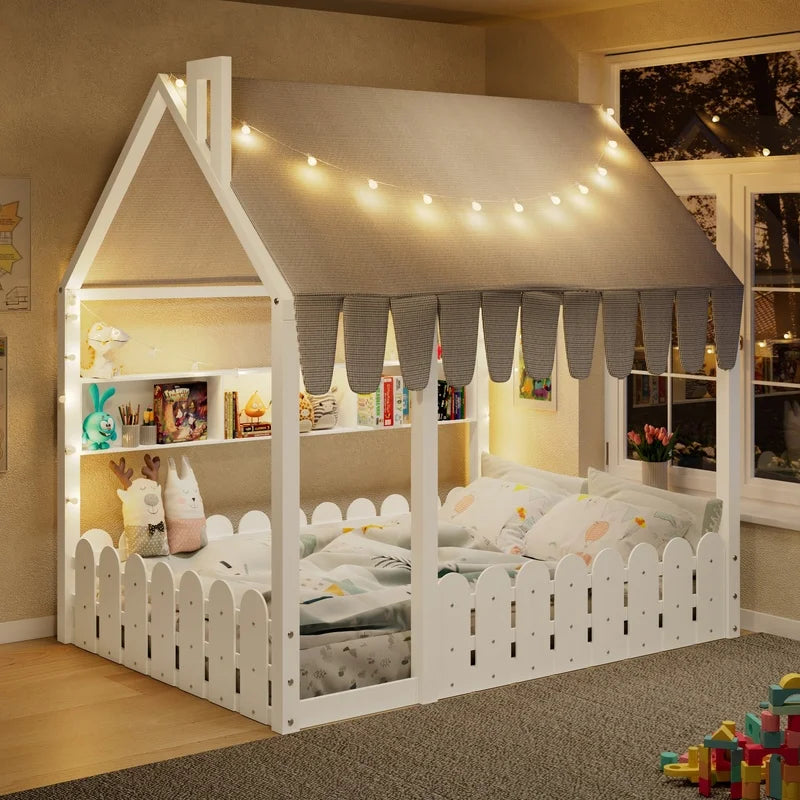 White Full Size Montessori Floor Bed with Fence