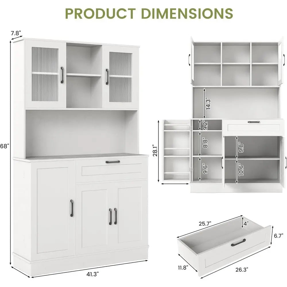 White Kitchen Storage Cabinet with 4 Doors & Adjustable Shelves