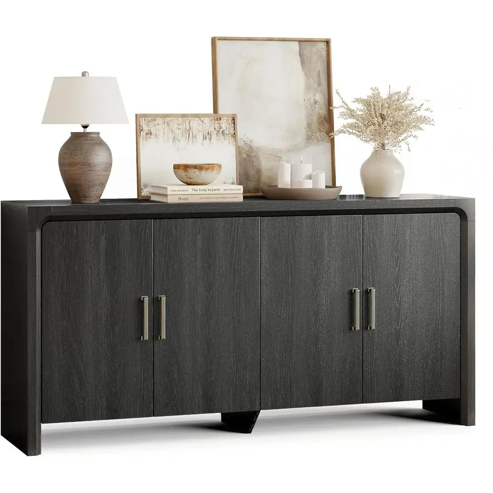 63 Contemporary Wood Sideboard with Adjustable Shelves, 4 Doors, Suitable for Coffee Bar, Kitchen, Living Room, Hallway, Black