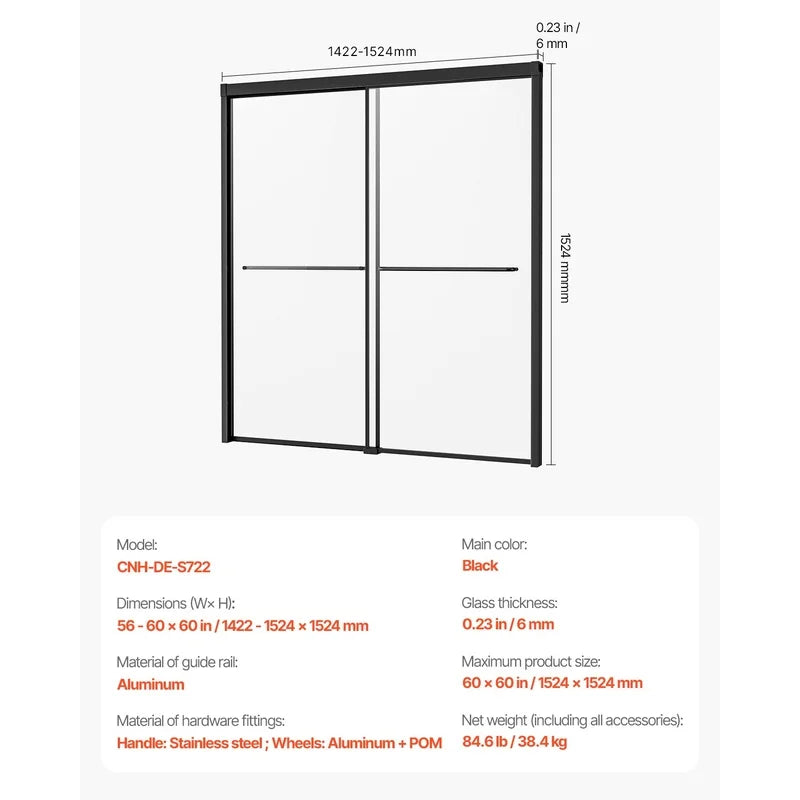 Black Semi-Frameless Bypass Shower Door 50-60 in W x 60 in H