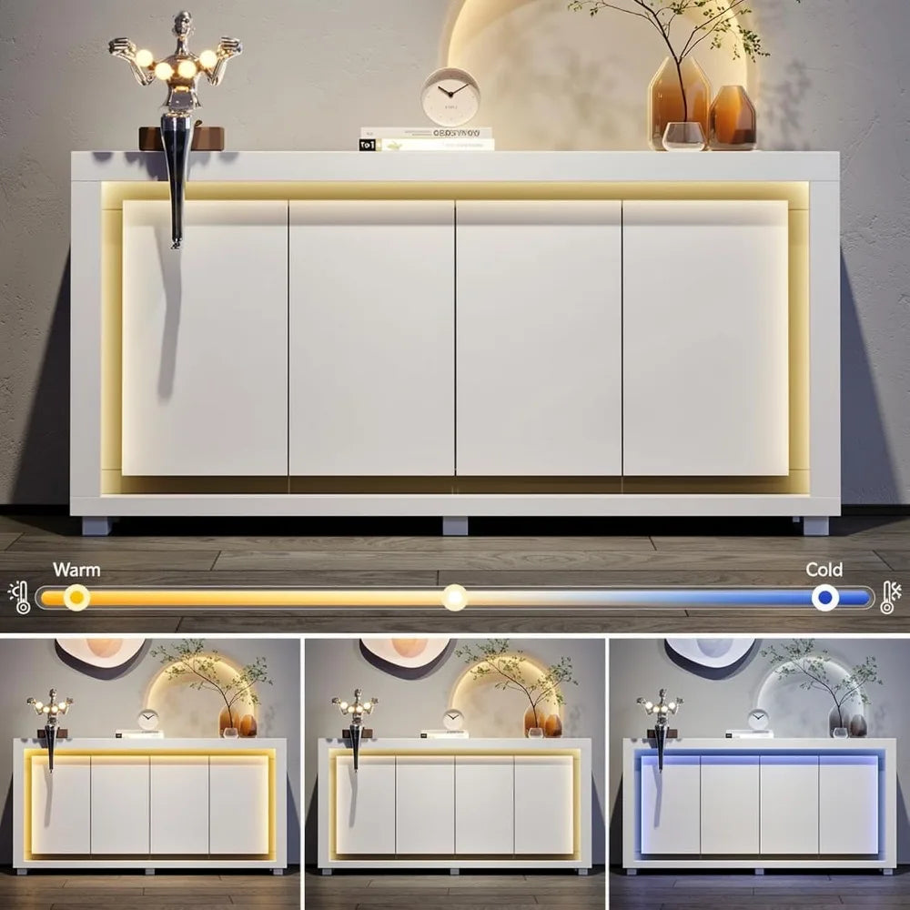 63" Modern Buffet Cabinet with Power Outlets, LED Light,