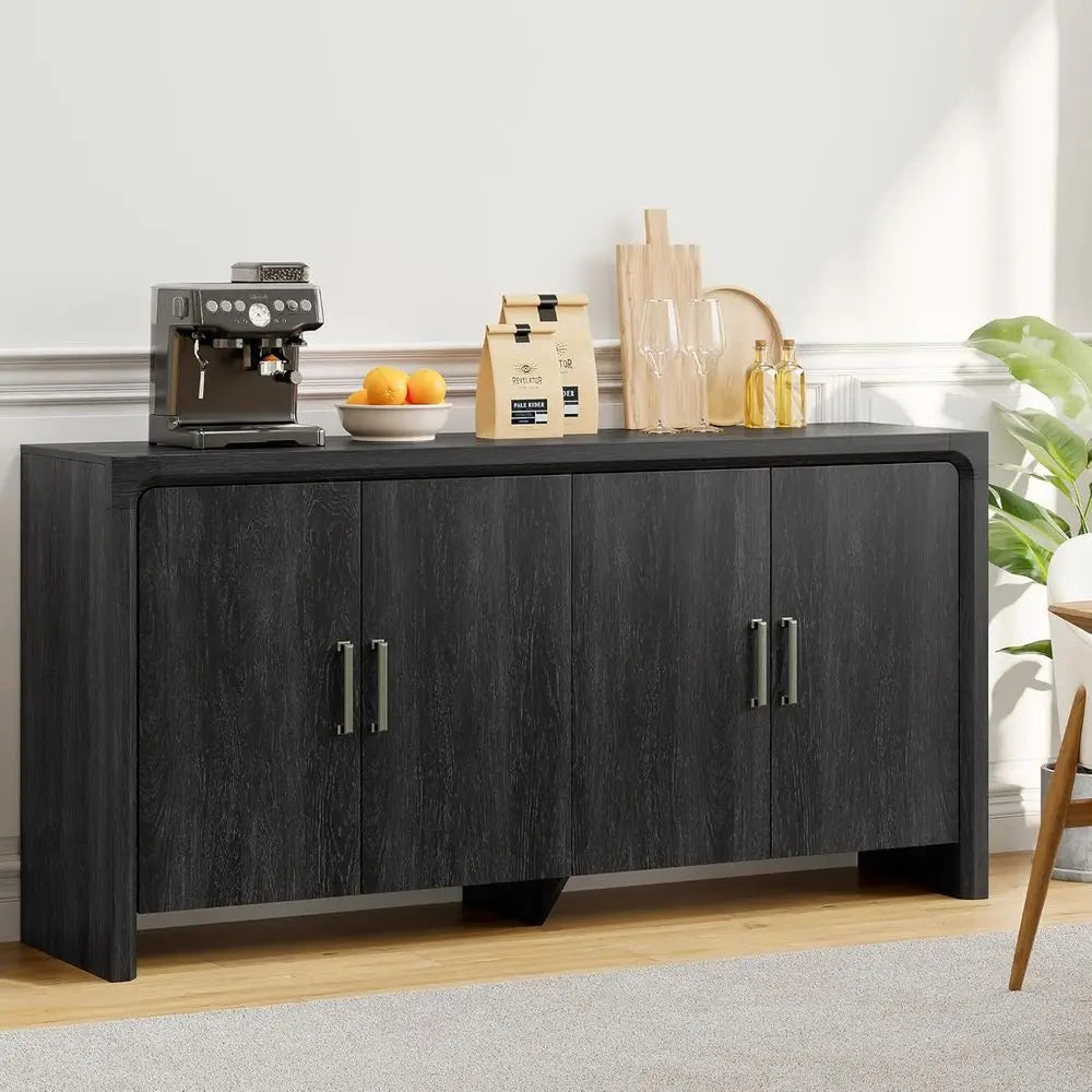 63 Contemporary Wood Sideboard with Adjustable Shelves, 4 Doors, Suitable for Coffee Bar, Kitchen, Living Room, Hallway, Black