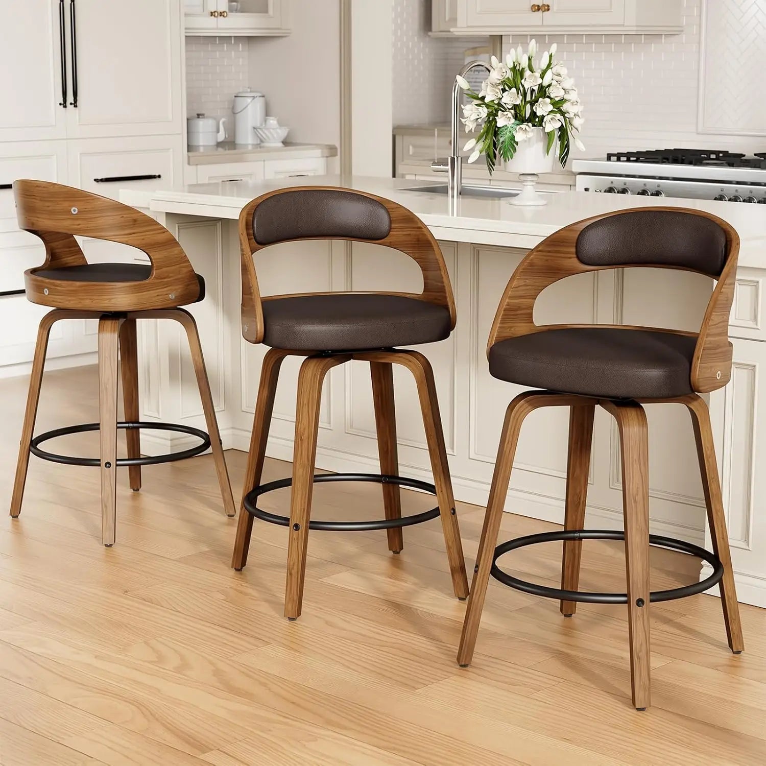 26in Bentwood Counter Stools Set 3 Leather Swivel