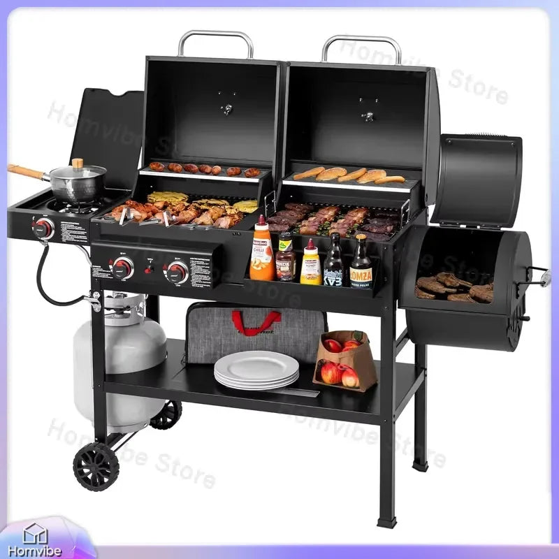 2 Burner Gas Charcoal Grill with Offset Smoker