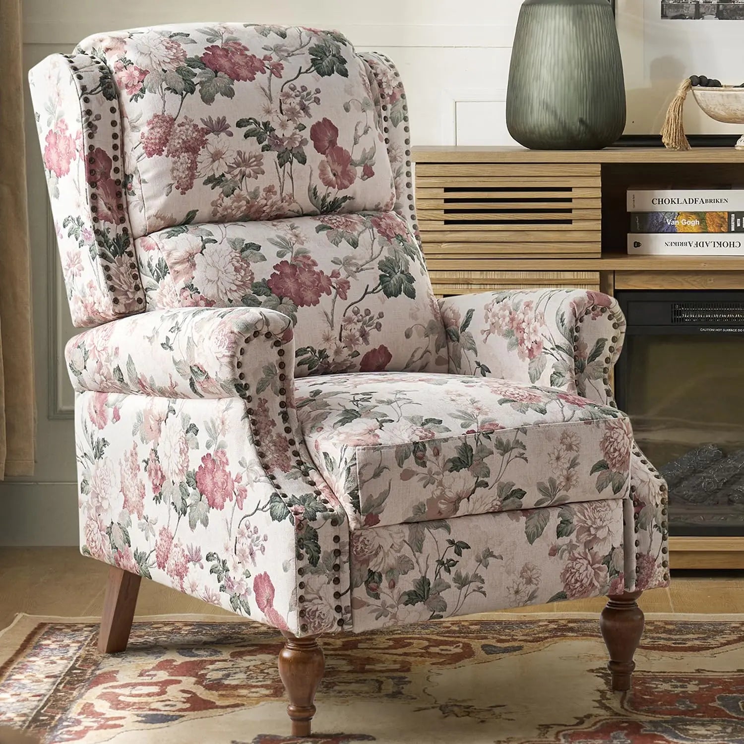 Floral Upholstered Pushback Recliner Wingback Accent Chair