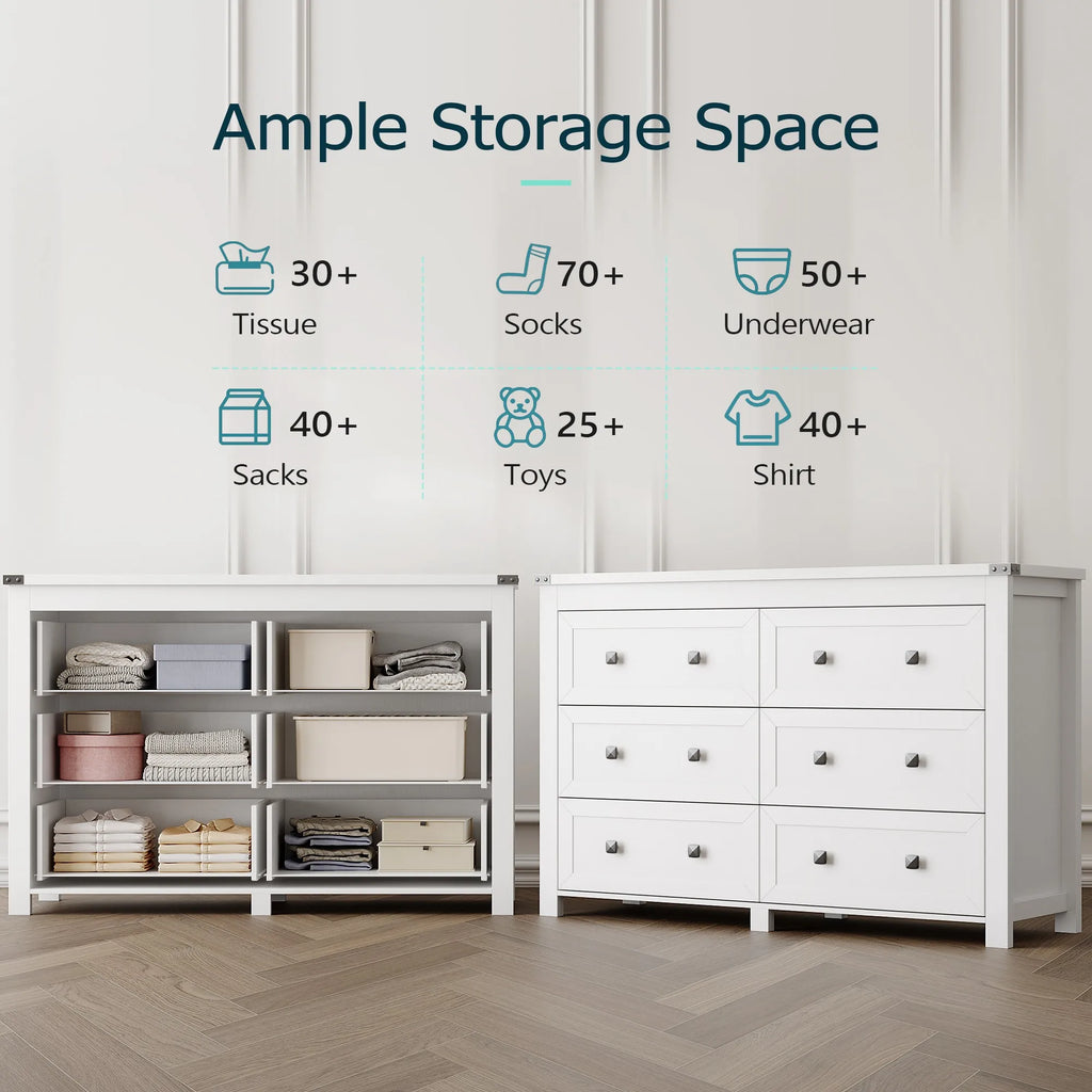 Wood 6 Drawer Dresser, 47" Wide Modern Double Chest of Drawers