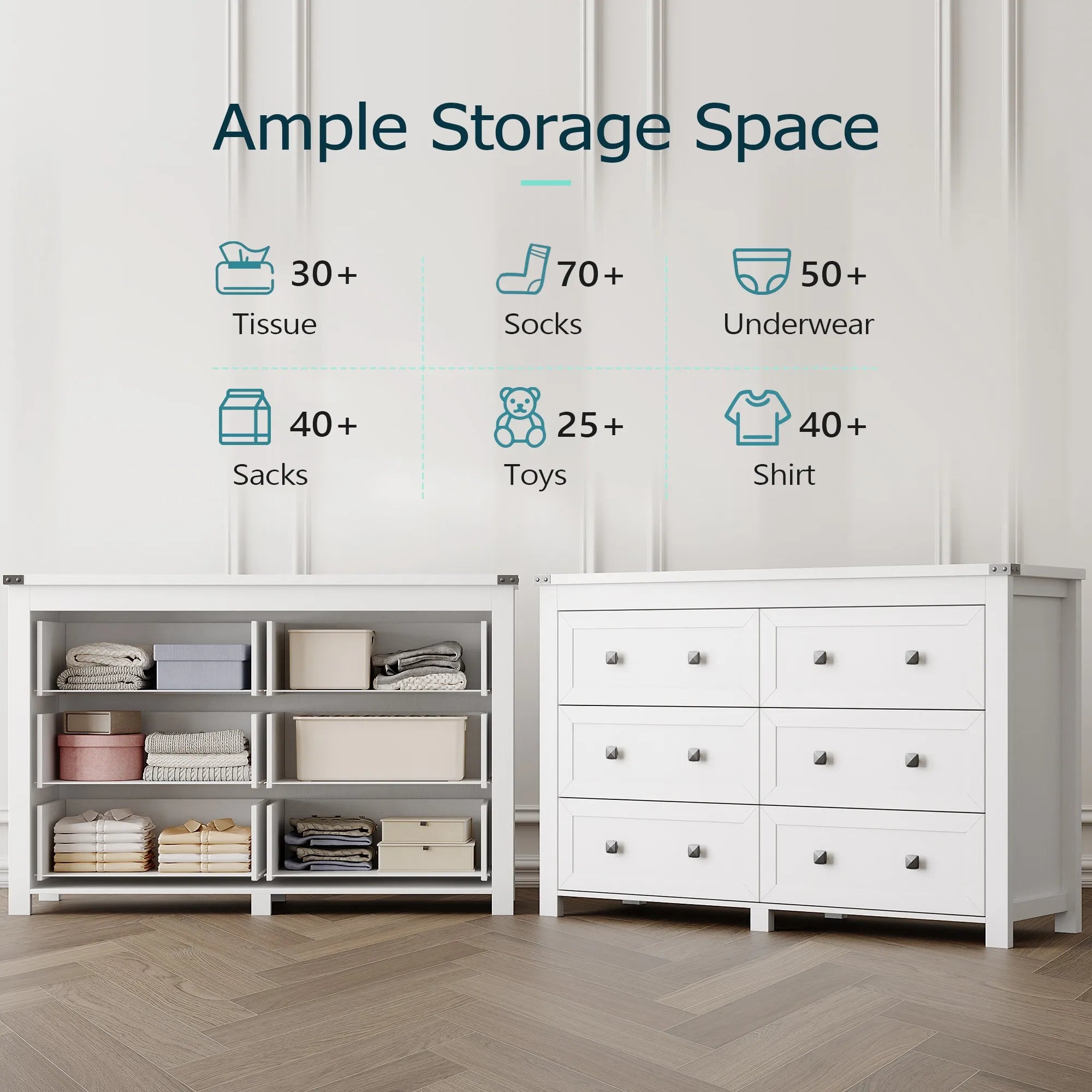 Wood 6 Drawer Dresser, 47" Wide Modern Double Chest of Drawers