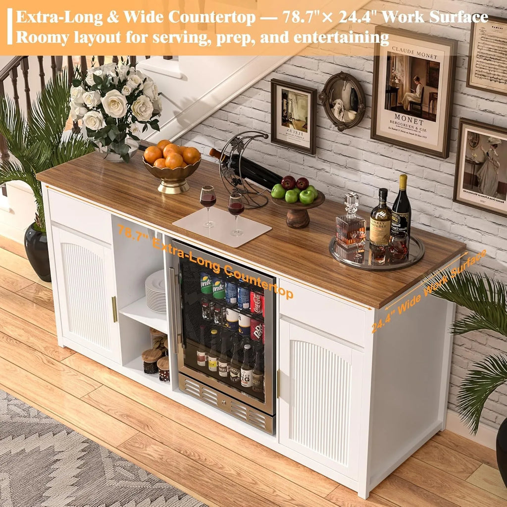 Extra Long Bar Cabinet with Fridge Space Wine Liquor Storage