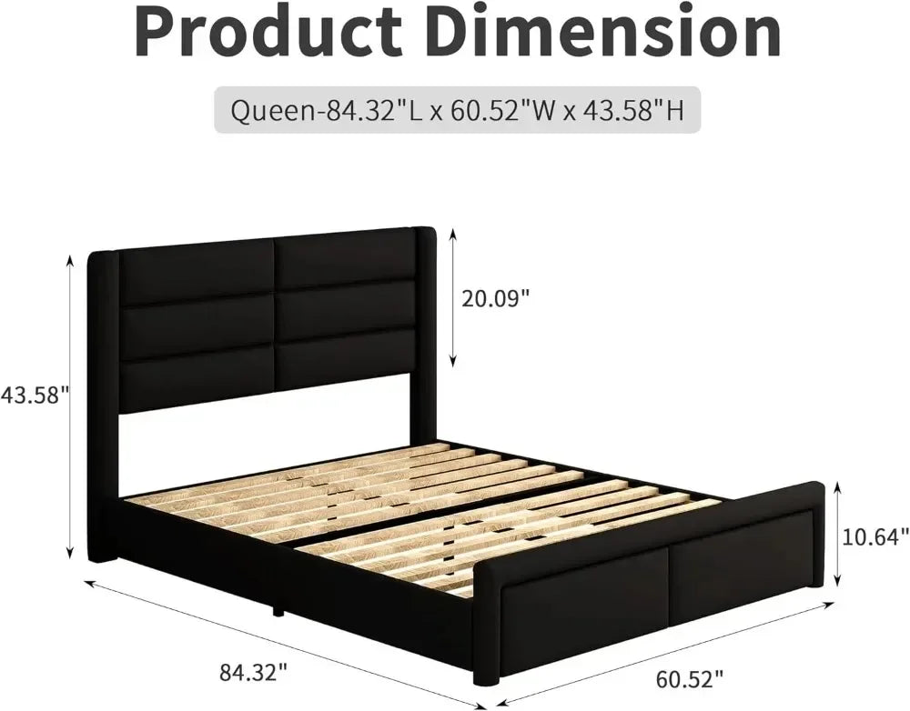 Queen LED Bed Frame with Headboard, Faux Leather Upholstery, Wooden Slats Support, Easy Assembly Black
