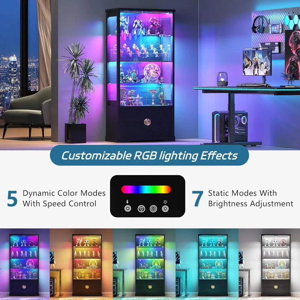 RGB Glass Display Cabinet with Door, 4-Tier Curio Cabinet