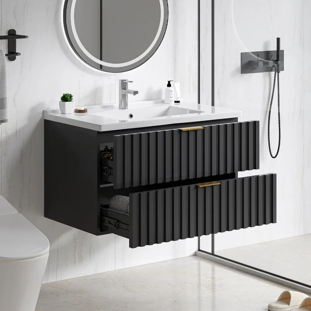 30 Inch Bathroom Vanity with Sink Combo, Floating Bathroom Vanity with 2 Fluted Drawers
