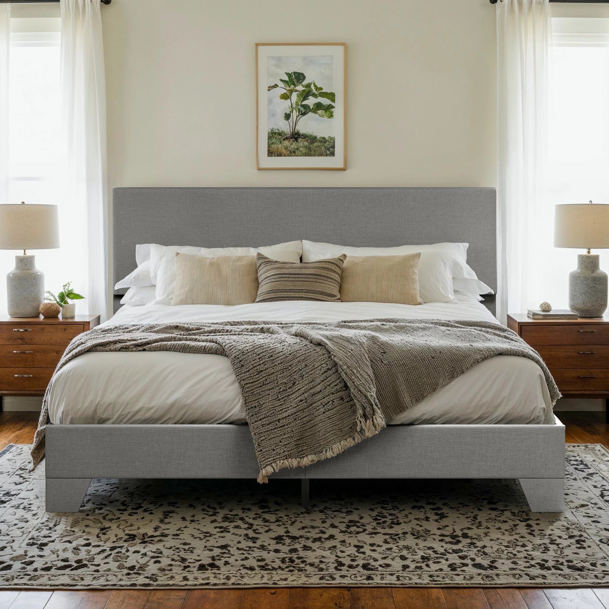 Upholstered Bed Frame with Adjustable Headboard, Soft Linen Fabric