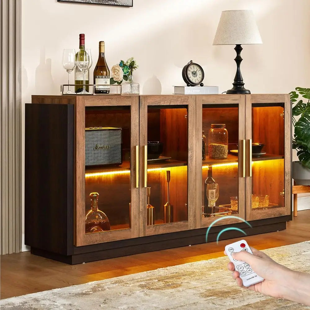 64"  Barnwood Brown Glass-Door Sideboard