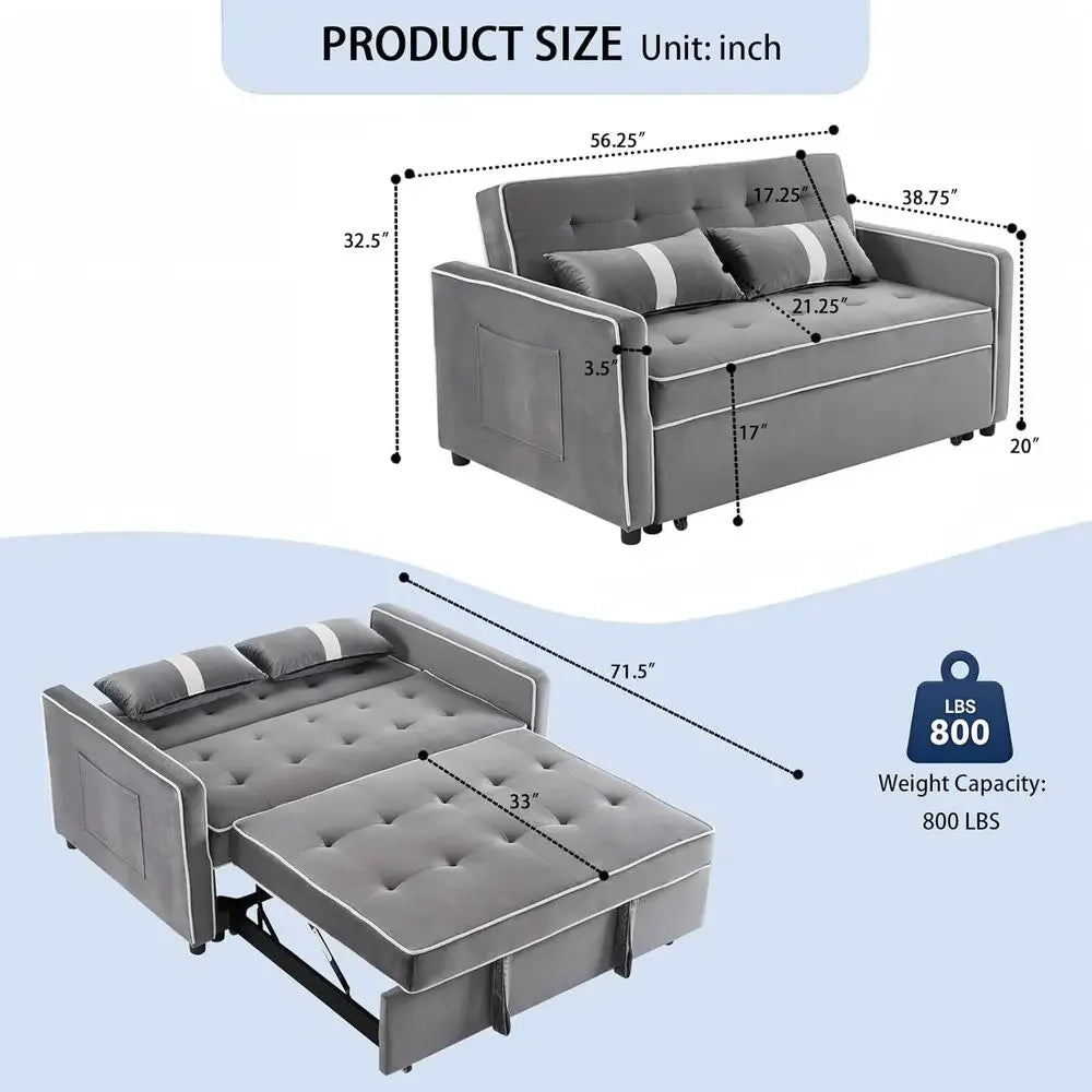 Grey Velvet Convertible Sleeper Sofa Bed