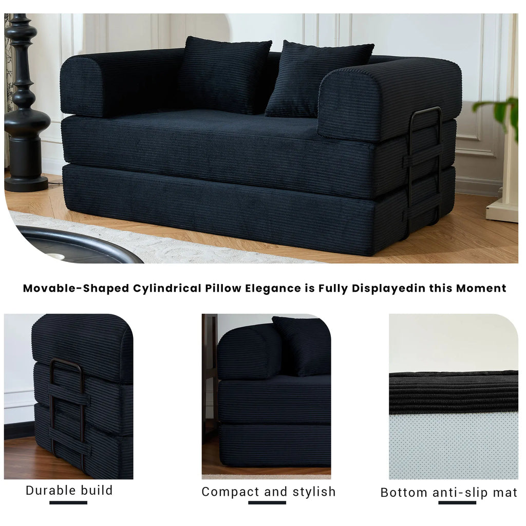 59" Boneless Folding Convertible Sofa Bed, Small 2-Seater Corduroy Futon Floor Couch