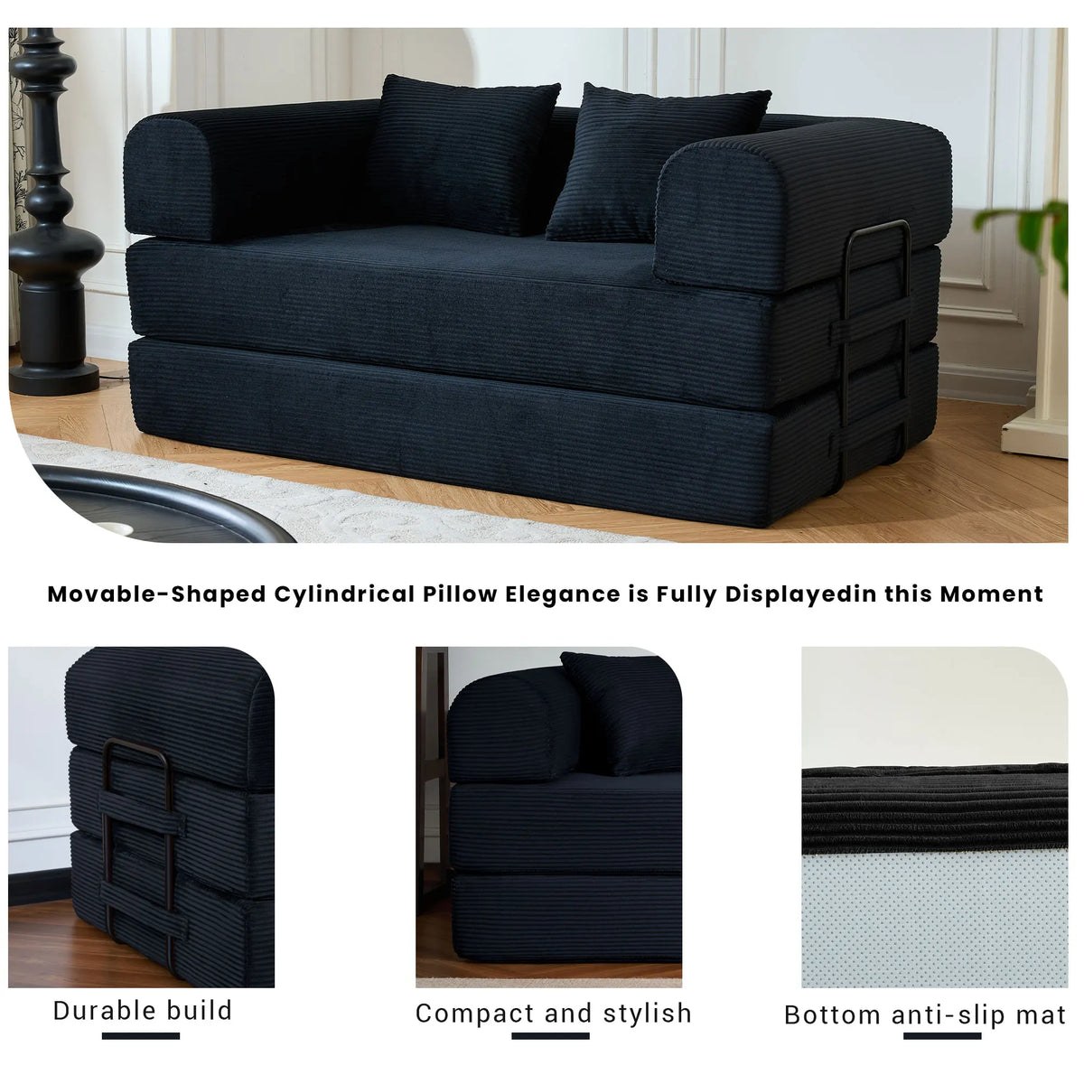 59" Boneless Folding Convertible Sofa Bed, Small 2-Seater Corduroy Futon Floor Couch