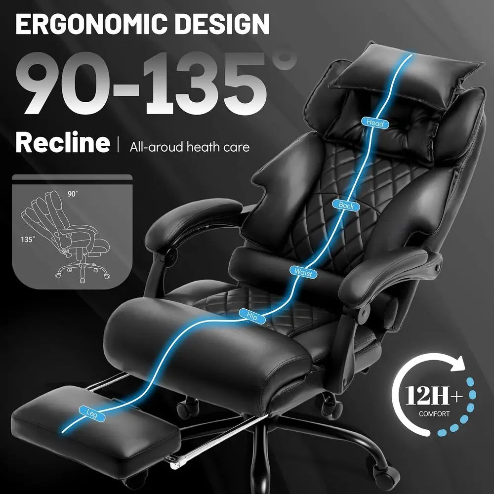 Ergonomic Vibration & Heat Massage Office Chair, 6 Points, 500 lbs Capacity, Dual-Use Pillow, Suitable for Home & Office, Black