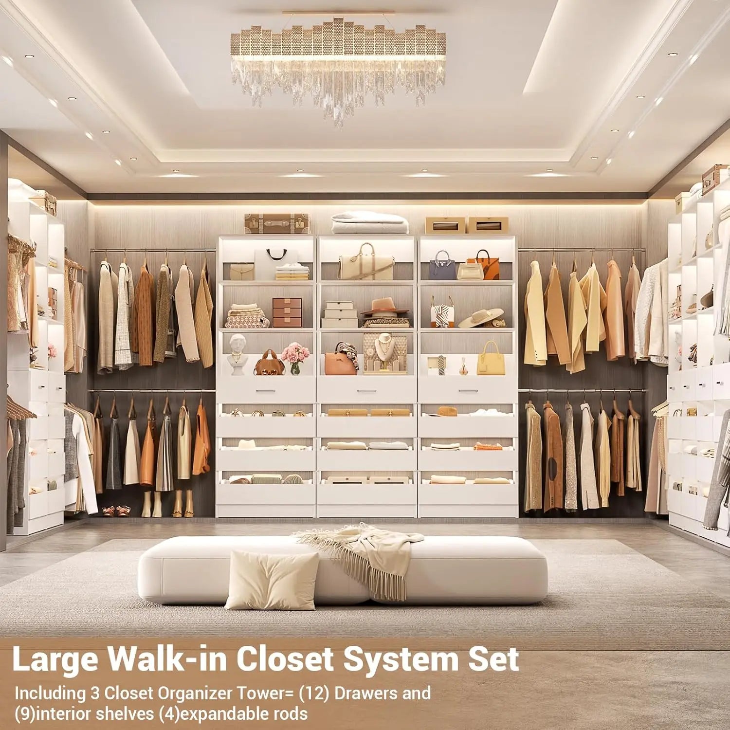 Wood Closet Organizer 12 Drawers 4 Rods 3 Towers
