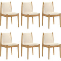 Set of 6 Linen Beige Upholstered Dining Chairs with Wooden Arms, Suitable for Kitchen, Dining Room, Restaurant, Living Room
