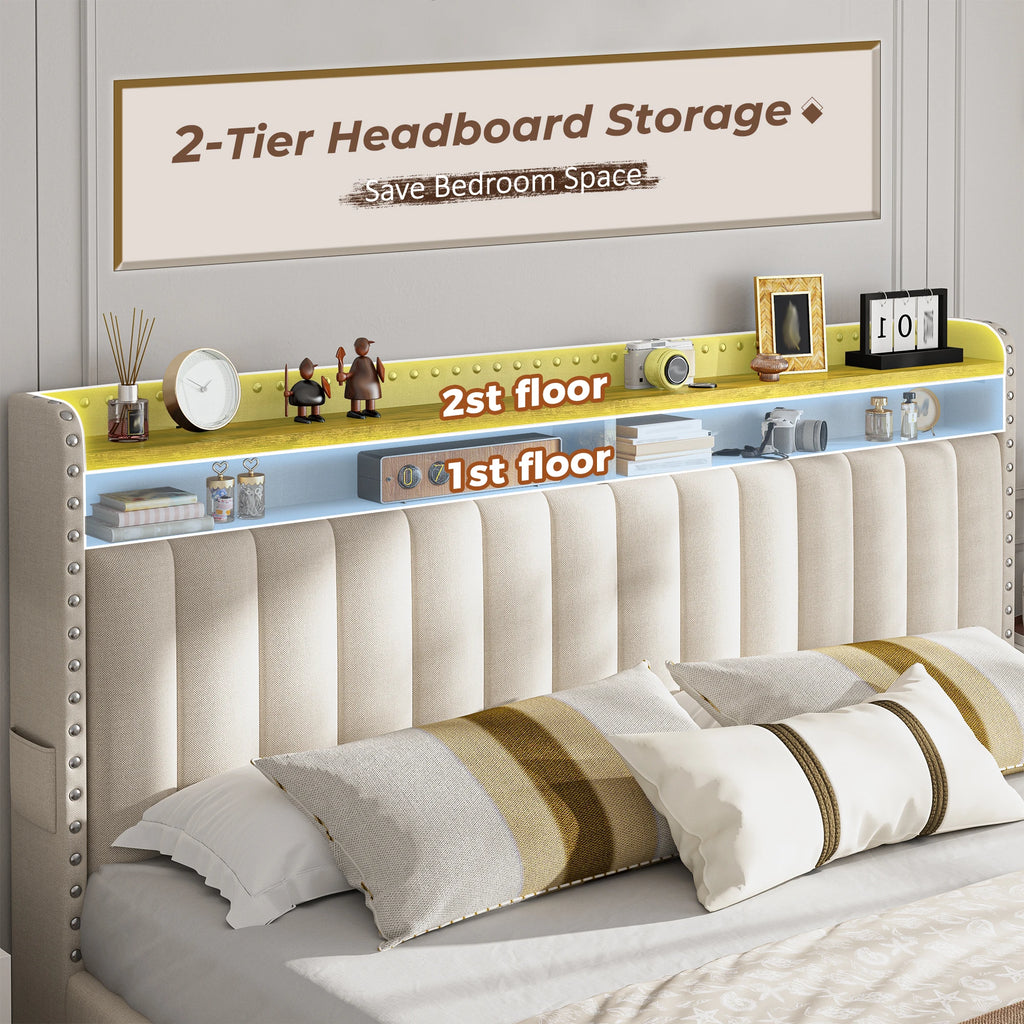Full/Queen/King Bed Frame with 3 Drawers & 2-Tier Storage