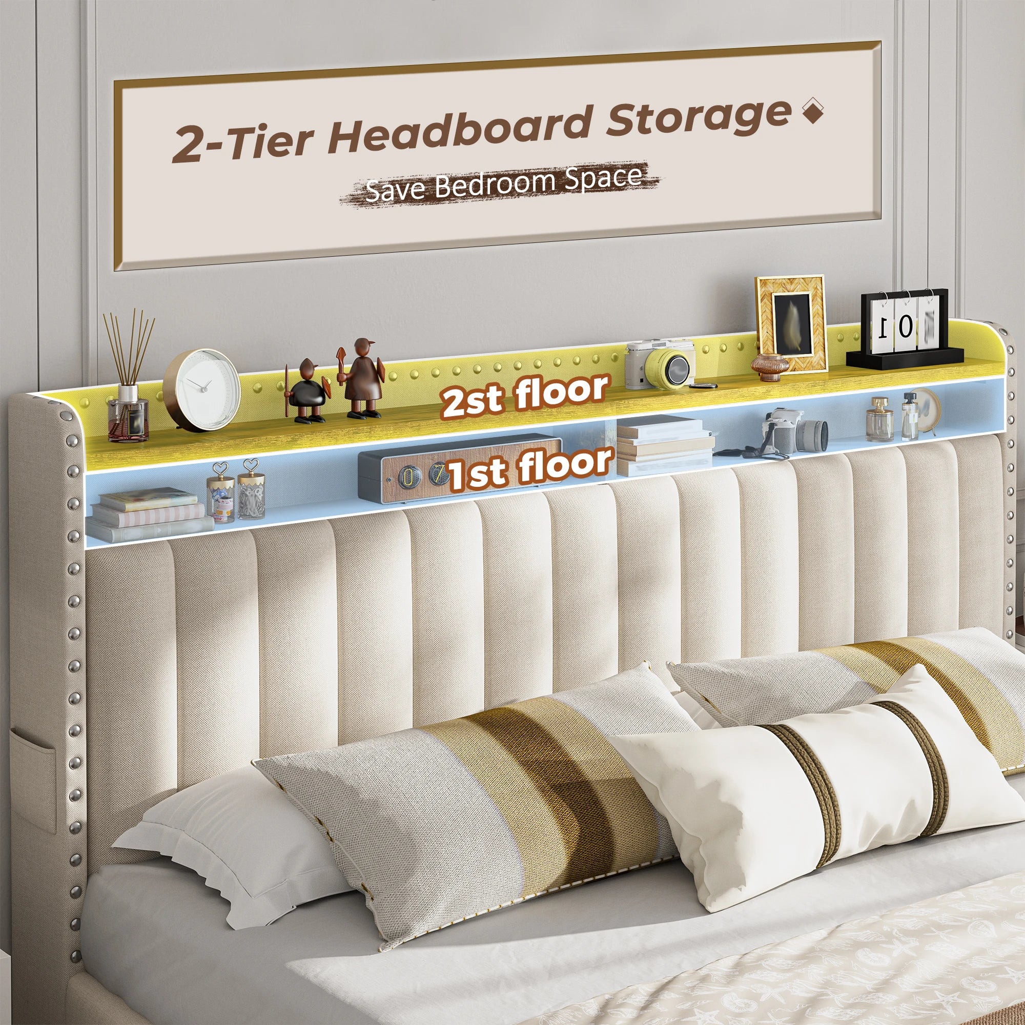 Full/Queen/King Bed Frame with 3 Drawers & 2-Tier Storage