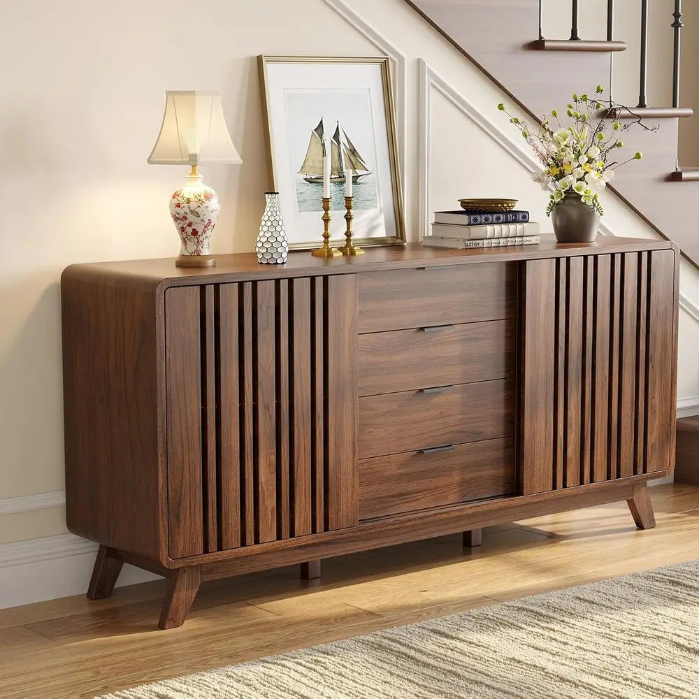 Walnut Sideboard Buffet Cabinet with Sliding Doors and Storage for Living Room or Kitchen