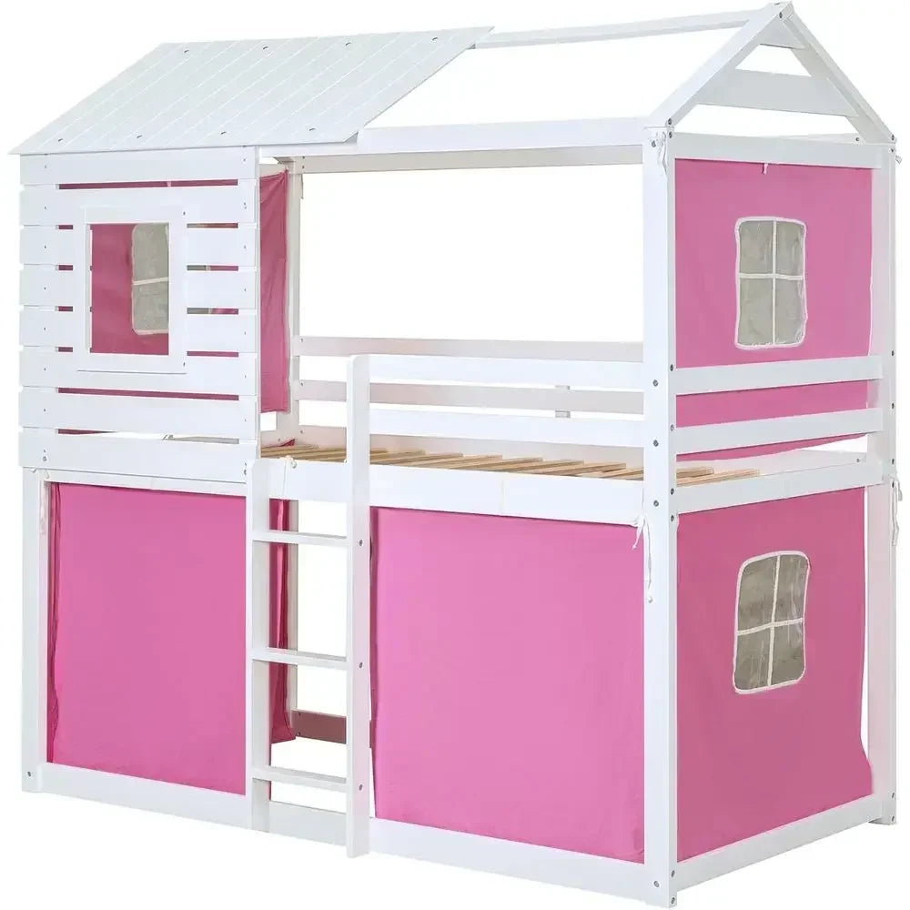 Twin Size Bunk Bed with Tent and Windows,