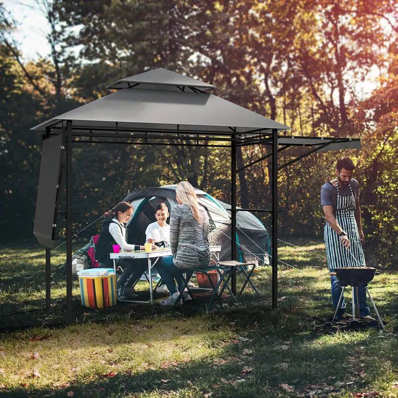 Patio BBQ Grill Gazebo Canopy with Dual Side Awnings-Gray