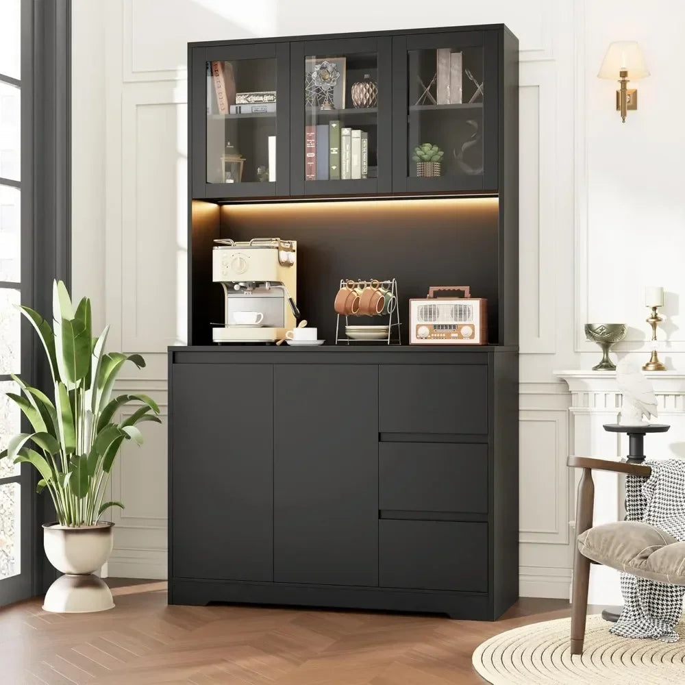Modern Kitchen Cabinet Hutch Cabinet with Storage,71" Kitchen Pantry Cabinet with LED Lights and Charging Station