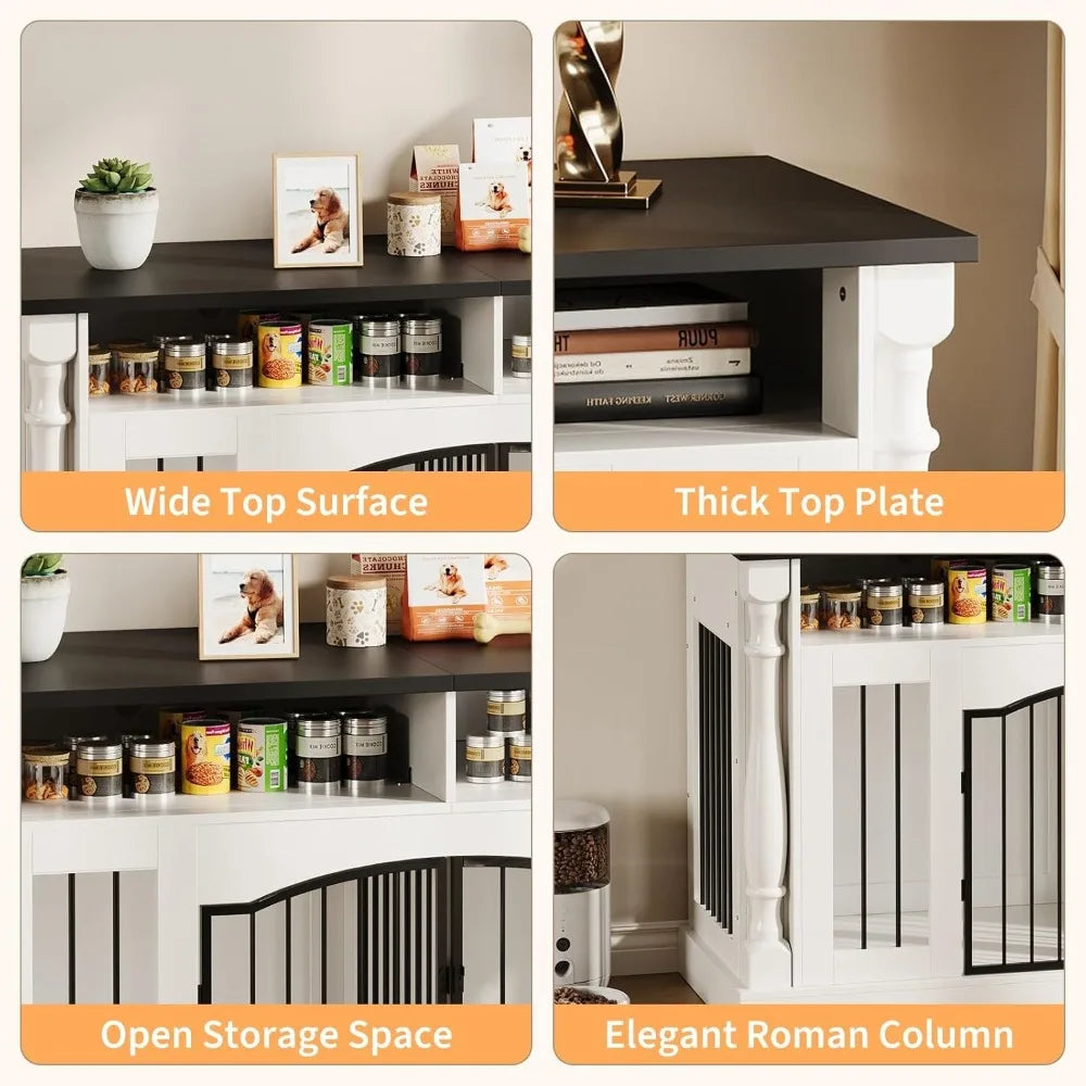 Roman Column 63 Inch Large Dog Crate Furniture for 2 Dogs with Open Storage, Heavy Duty Dog Kennel Entertainment Table TV Stand for Small and Medium Dogs