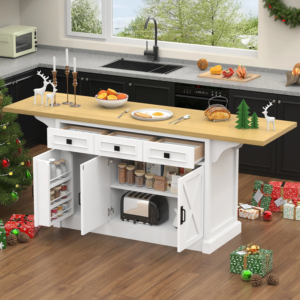 73" Large Kitchen Island Cart with Trash Storage Cabinet, Power Outlet, Drop Leaf, Island Table for Kitchen