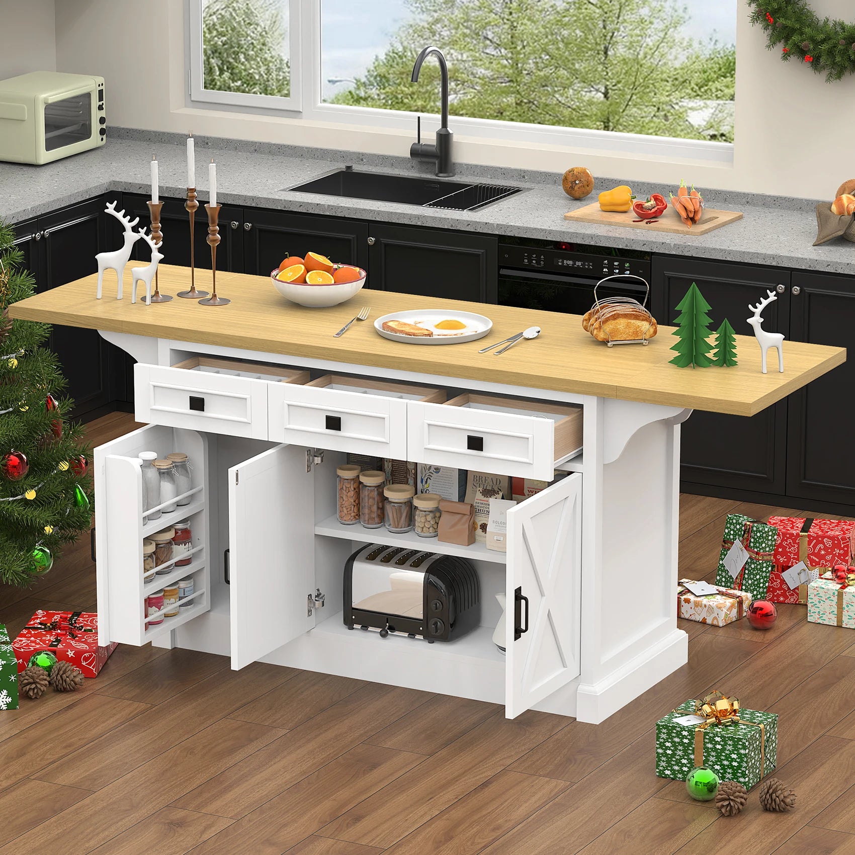 73" Large Kitchen Island Cart with Trash Storage Cabinet, Power Outlet, Drop Leaf, Island Table for Kitchen