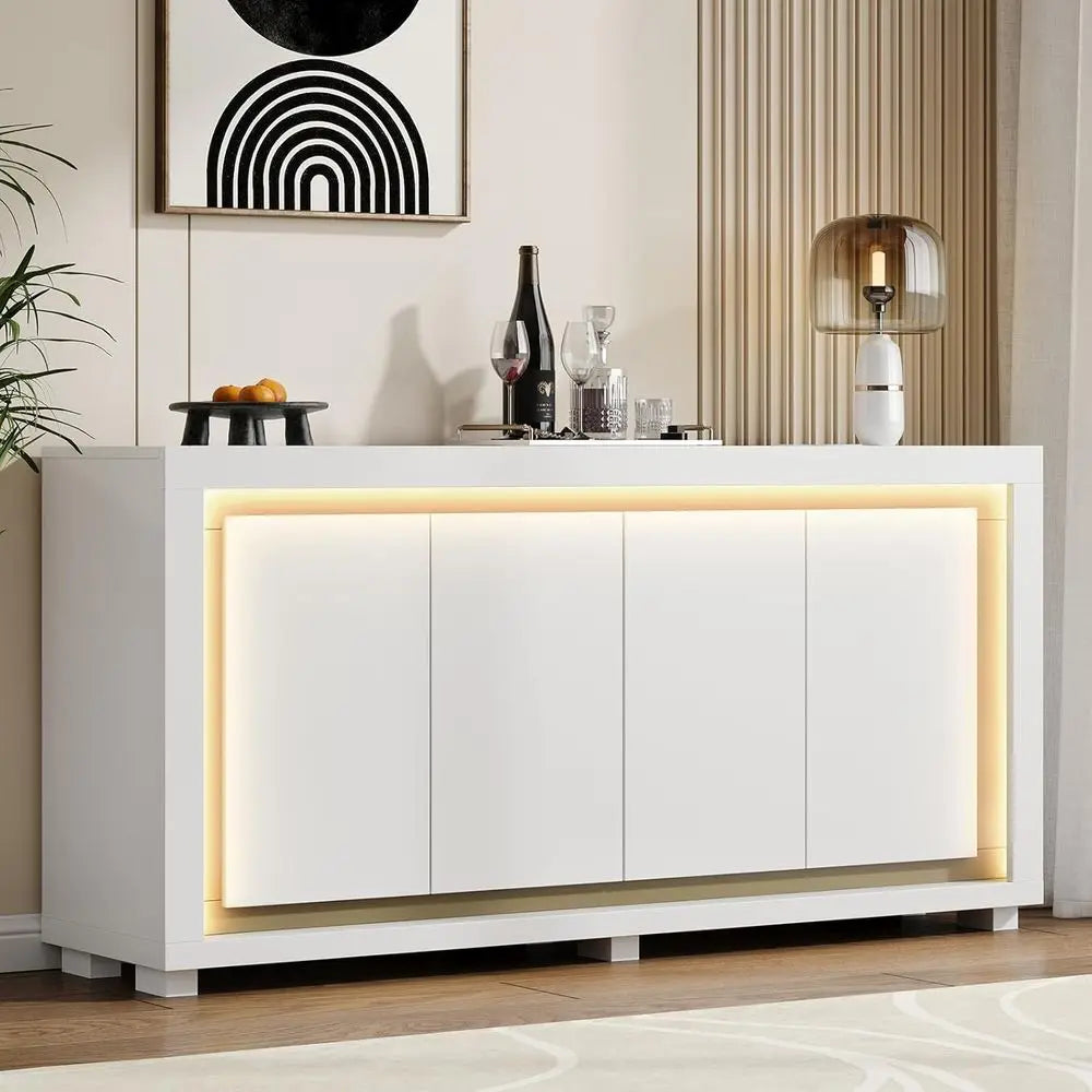 Kitchen Sideboard Cabinet with Power Outlets, LED Light, 4 Doors - White