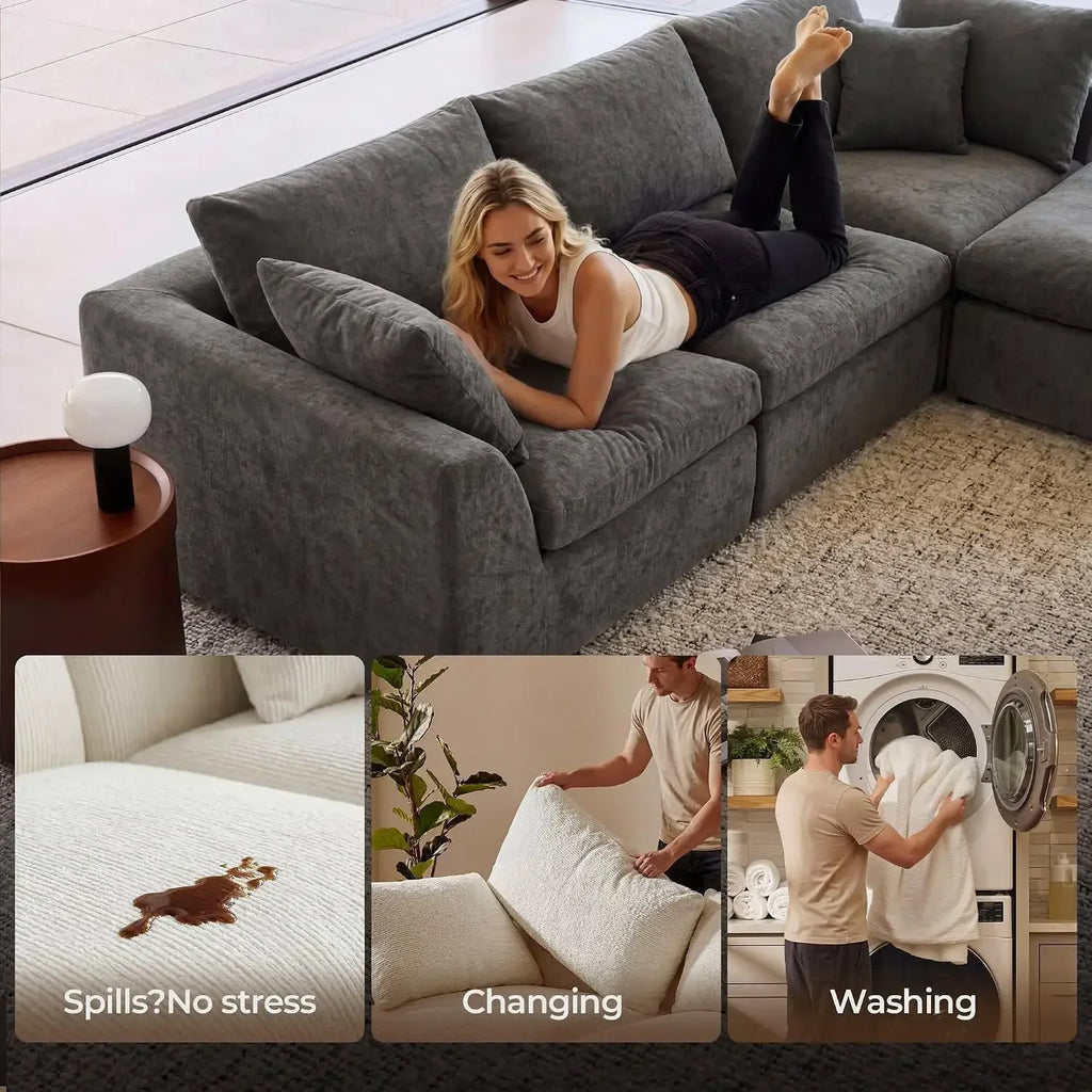 108" Cloud Sectional Couch with 2 Washable Cover Sets, Ottoman, Deep Seat Couch