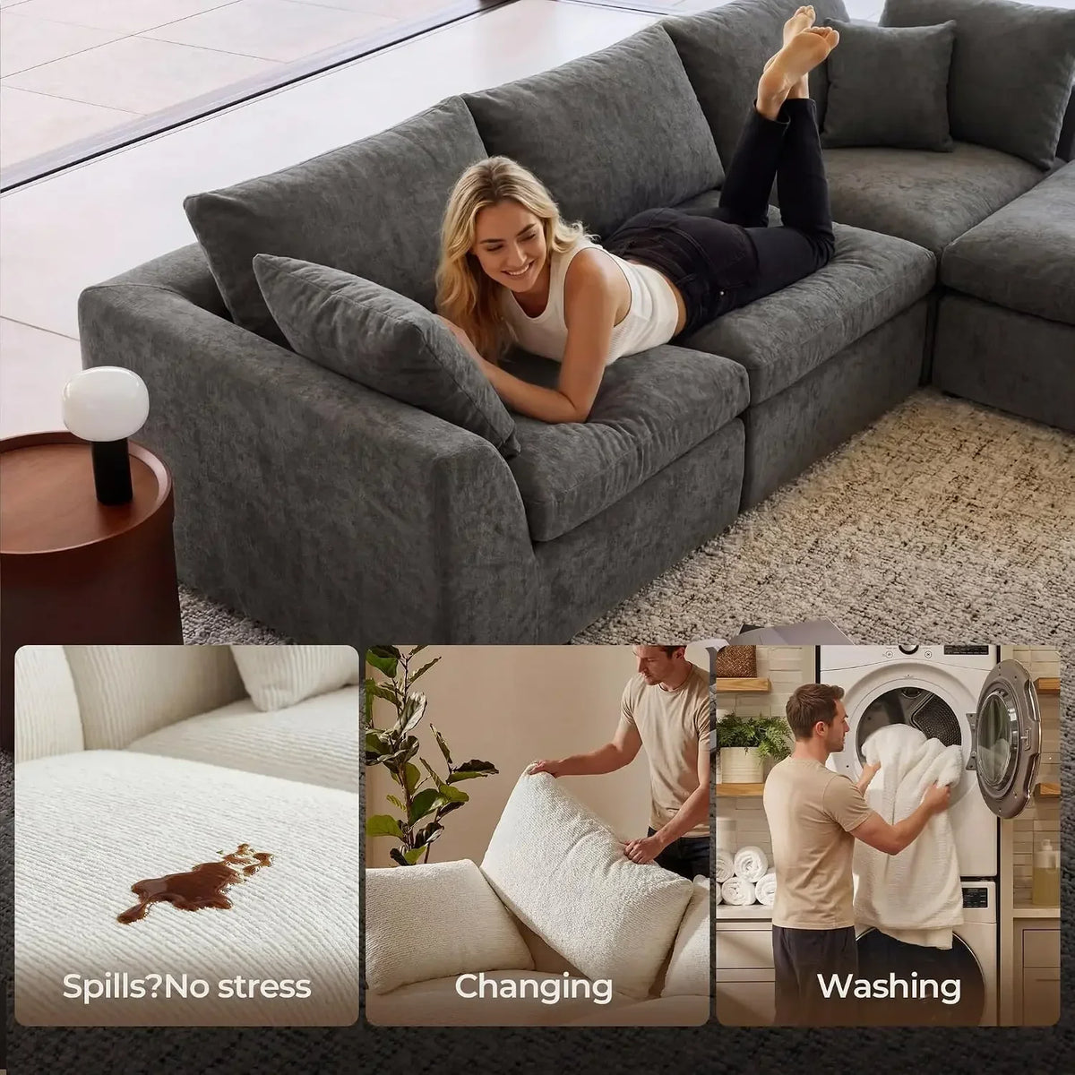 108" Cloud Sectional Couch with 2 Washable Cover Sets, Ottoman, Deep Seat Couch