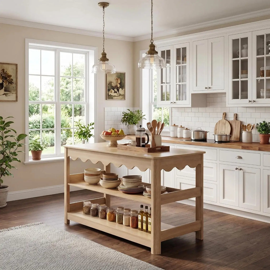 Large Farmhouse Kitchen Island Table With Storage And Seating Space, Three Tier Wooden Food Prep Station Counter With Spacious Worktop And Leg Room, Modern Coffee Bar Utility Shelf Rack, Light Oak