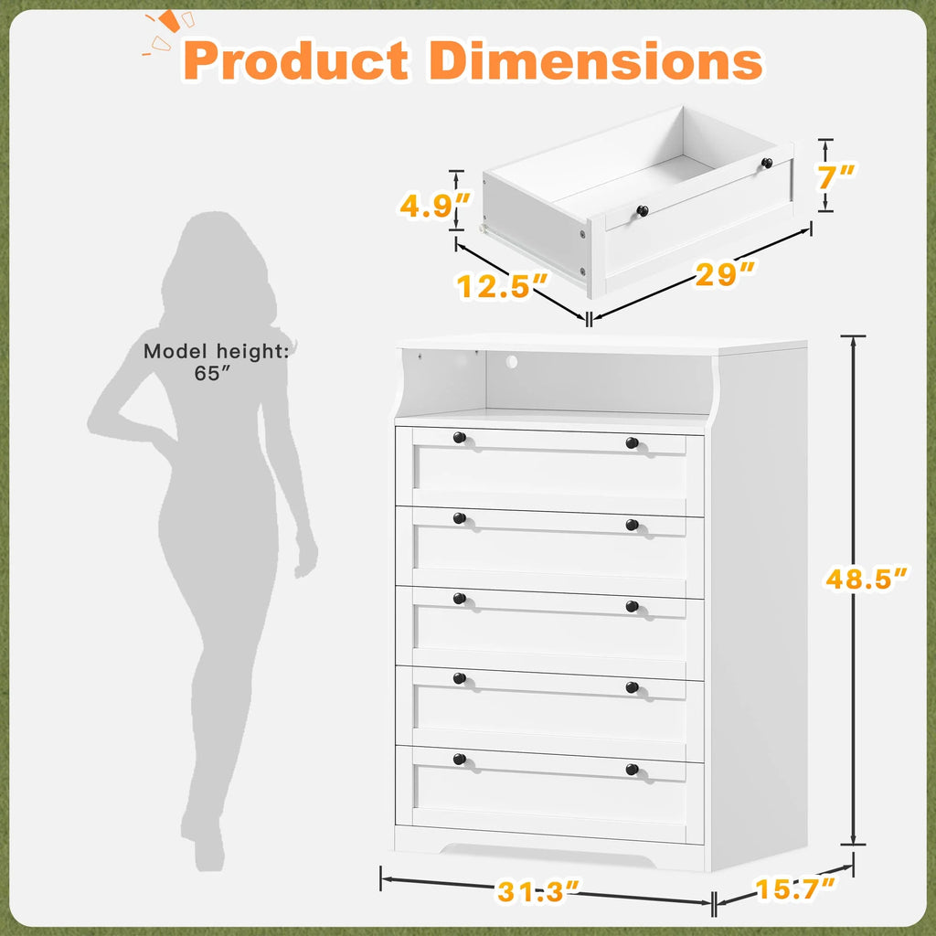 Tall 5 Drawer Dresser with LED Lights and 2 Shelves
