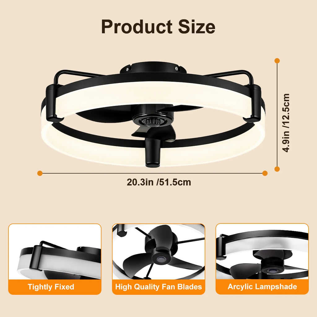 Modern Flush Mount Ceiling Fan With Ring LED Light,