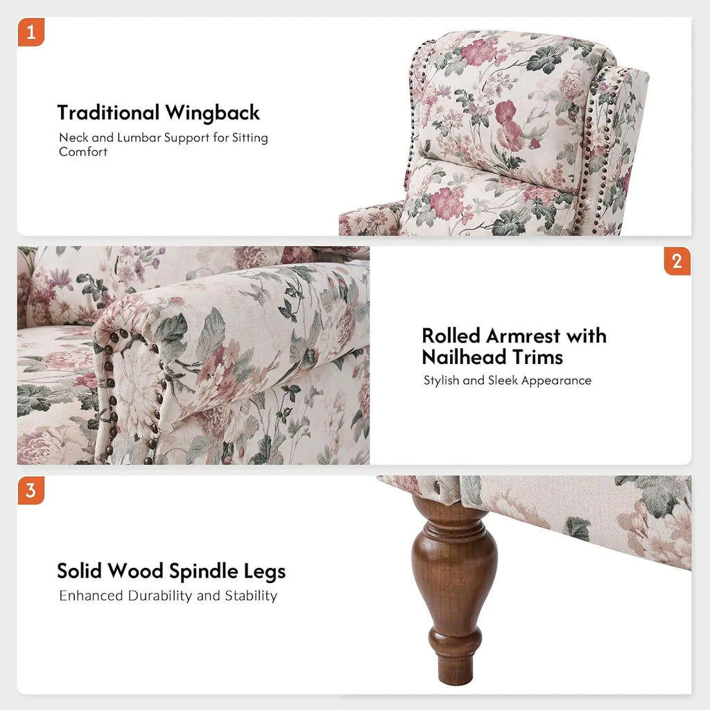 Floral Upholstered Pushback Recliner Wingback Accent Chair