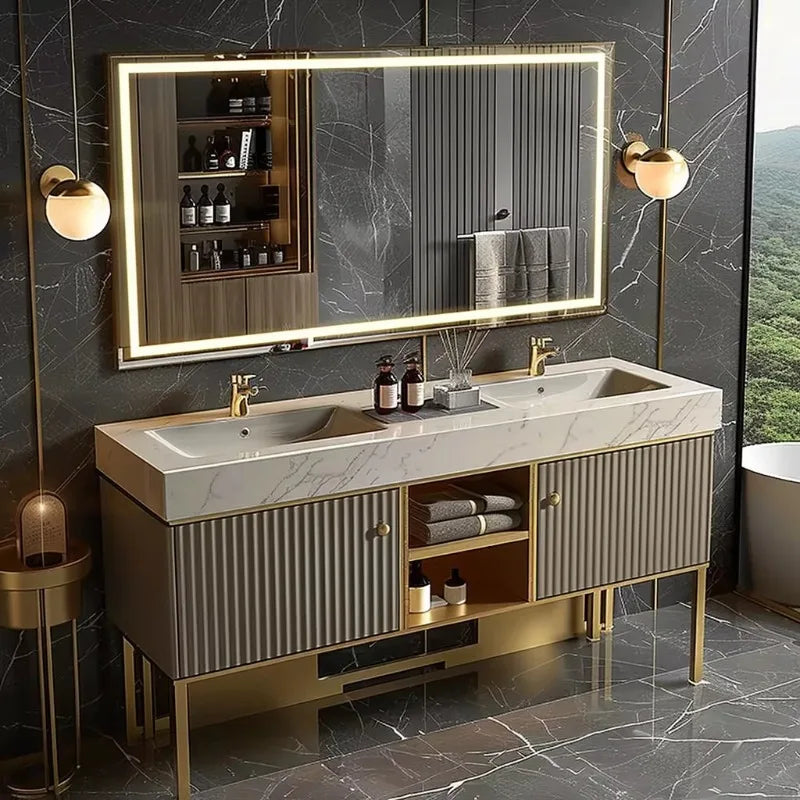 Luxury Double Basin Vanity with Stainless Steel Marble Countertop