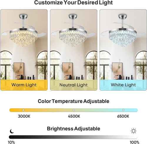 42 Inch Chrome Retractable Ceiling Fan With Light, Remote