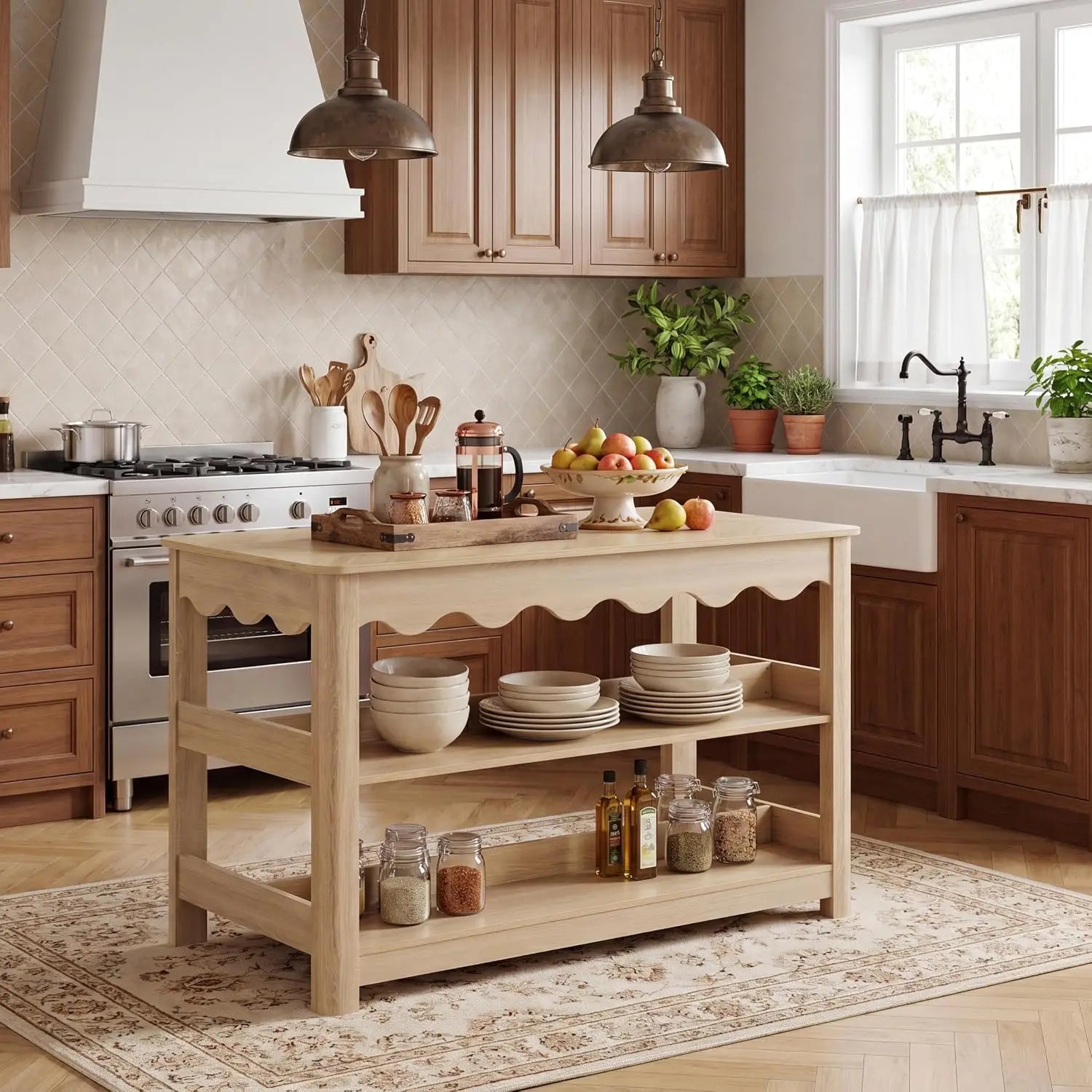 Large Farmhouse Kitchen Island Table With Storage And Seating Space, Three Tier Wooden Food Prep Station Counter With Spacious Worktop And Leg Room, Modern Coffee Bar Utility Shelf Rack, Light Oak