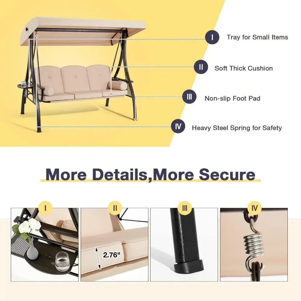 3-Seat Outdoor Swing Set with Adjustable Canopy